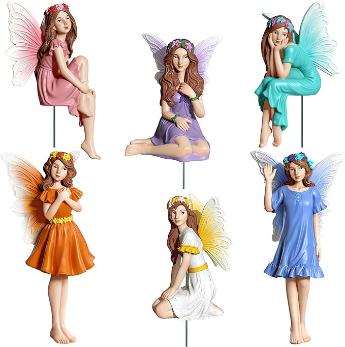 Exasinine 6 Pcs Fairy Figurines 4 Inch Colorful Fairies for Fairy Garden | 6 Hand-Painted 4-Inch Resin Fairy Figurines, Assorted Poses for Fairy Gardens, Flower Beds, Planters and Tabletop Decor