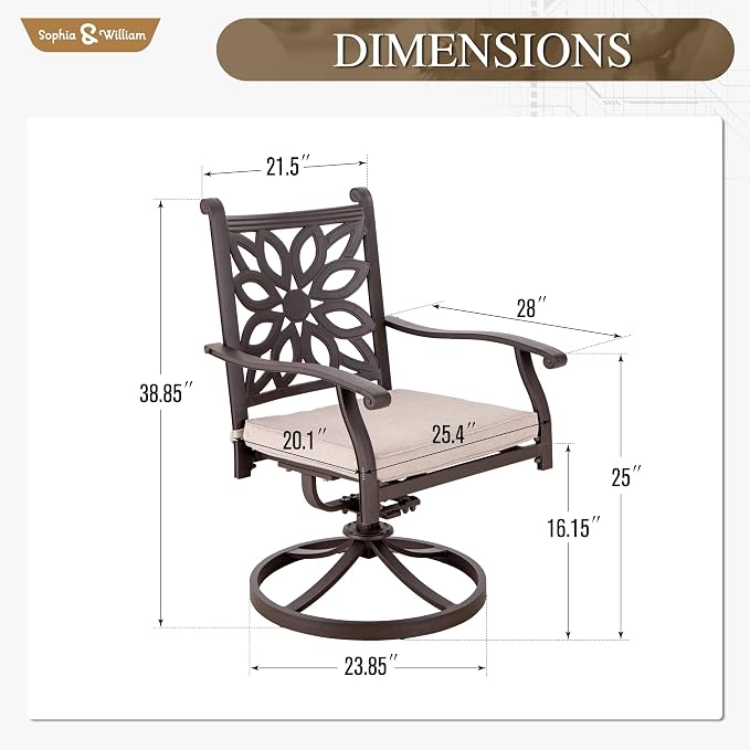 Sophia & William Patio Dining Set, Cast Aluminum, Swivel Chairs, Brown | 350 lbs Chair Capacity