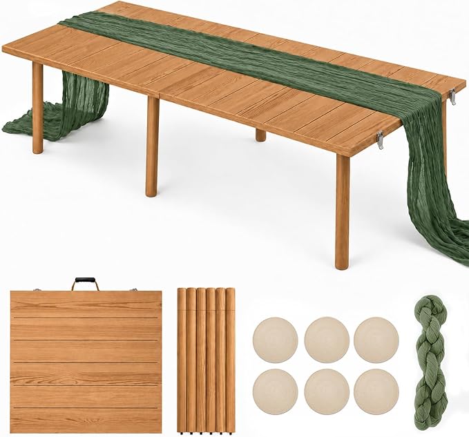 60" Folding Picnic Table with Table Runner & 6 Placemats, Solid Wood Portable Low Picnic Table for Seating 6, Wooden Foldable Table for Outdoor Camping, Beach, Boho Party, Patio (Brown)