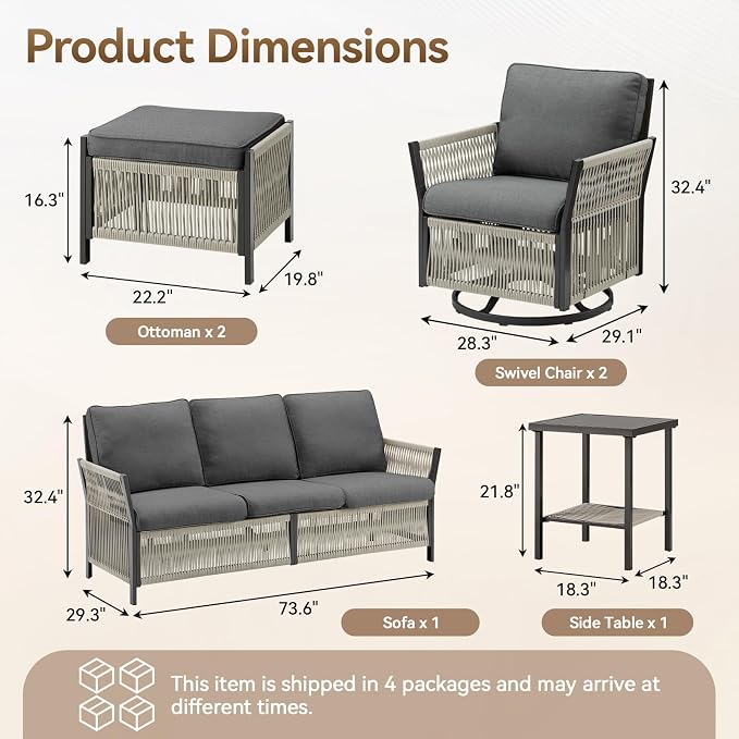 Patio Furniture Set Outdoor/Indoor, Wicker Patio Sofa, 6pcs Furniture Set with Swivel Rocker Chairs, Side Table, Sofa, and Ottomans for Backyard, Garden, Poolside(Grey)