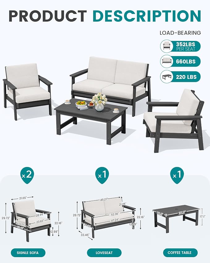 SERWALL HDPE Patio Furniture Set with 15FT Double Side Patio Umbrella, All Weather Wood-Like Outdoor Sofa Sectional Couch, Grey Patio Furniture with Khaki Cushions