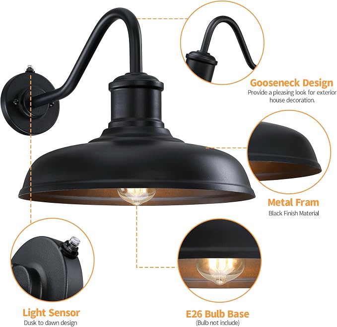 13.8'' Diameter Large Dusk to Dawn Outdoor Gooseneck Barn Light, 2 Packs | Outdoor Wall Sconce Farmhouse Exterior Lighting Fixture Industrial Outside Lantern for Porch, Patio, Garage, Black