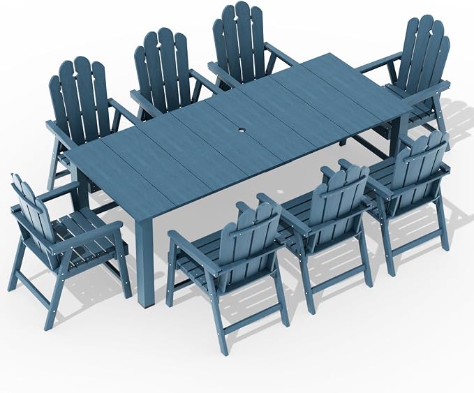 9 Piece HDPE Outdoor Dining Set for 8, Patio Table Chairs,Navy | 89.4” table,8 person outdoor table and chairs set, fade resistant HDPE, strong structure built for backyard entertaining