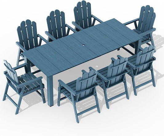 9 Piece HDPE Outdoor Dining Set for 8, Patio Table Chairs,Navy | 89.4” table,8 person outdoor table and chairs set, fade resistant HDPE, strong structure built for backyard entertaining
