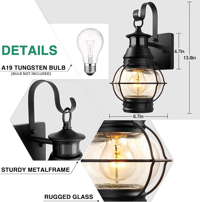 Lamomo Outdoor Wall Light, Motion Sensor Porch Lights Outdoor Wall Light Fixture,Black Dusk to Dawn Exterior Lighting for House Waterproof Anti-Rust Wall Mount Lantern for Outside,Garage(NO Bulb) | Black Dusk to Dawn Exterior Lighting for House,Waterpr...