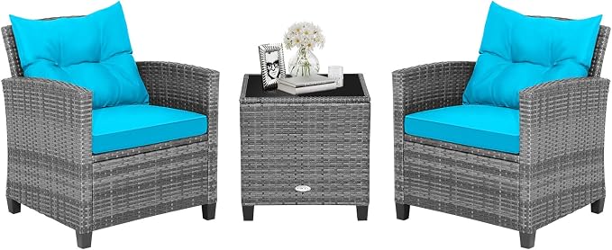 HAPPYGRILL 3 Pieces Patio Conversation Set, Outdoor Furniture Set PE Rattan Sofa Set with Removable Cushions, PE Wicker Chairs with Tempered Glass Side Table for Porch Lawn Garden Balcony Backyard
