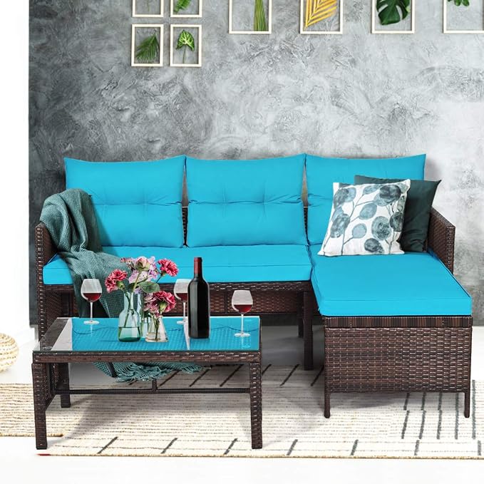 3 Pieces Rattan Sectional Sofa Set, Patio Wicker Rattan Conversation Set with Chaise Lounge, Love Seat & Coffee Table, Patio Furniture Set for Garden, Lawn, Poolside (Turquoise)