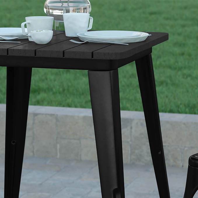 EMMA + OLIVER Drew Dining Table - Black 23.75" Square Poly Resin Table Top - Black Steel Base - All-Weather for Indoor/Outdoor Use