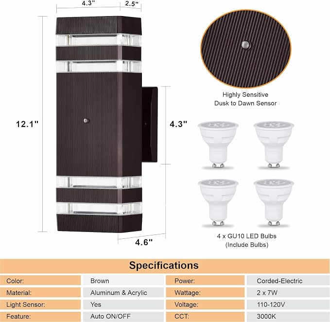 DASTOR 2 Pack Dusk to Dawn Outdoor Wall Lights, Brown Exterior Wall Sconce Lighting Fixtures, Up and Down Porch Lights Outdoor Waterproof Warm White 3000K Outside Lights for House Garage Patio