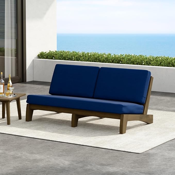 Outdoor Furniture Patio Couch, Weather Resistant 3-Seater Patio Sofa with Removable Cushion, Teak Wood Frame for Porch & Backyard Seating - Navy