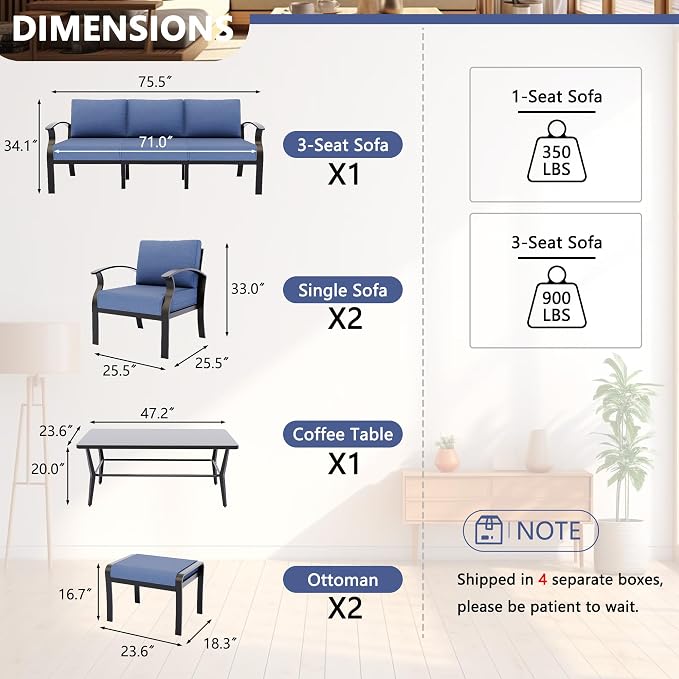 Kurapika Aluminum Patio Furniture Set 5-Seat Modern Outdoor Conversation Sets w/2 Ottomans with Rectangular Coffee Table, Navy Blue