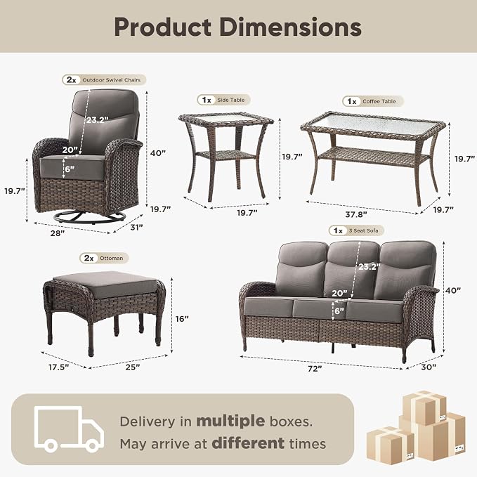 HUMMUH 7-Piece Patio Furniture Set with 6" Thick Cushion High Back Outdoor Swivel Rocker Chairs with 3-Seater Sofa,Coffee Table & Ottomans,Wicker Outdoor Conversation Set for Deck, Porch,Poolside