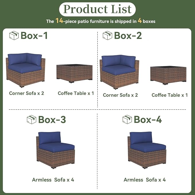 Aoxun 14 Piece Patio Furniture Set Wicker Rattan Patio Conversation Set Outdoor Sectional Sofa Set with Coffee Table and Thickened Cushions, Blue