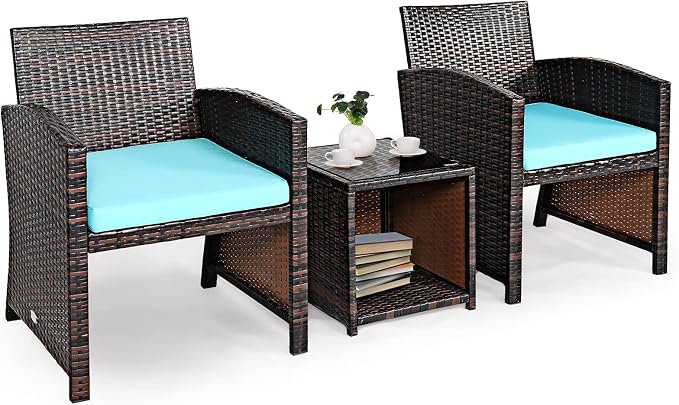 Tangkula 3-Piece Outdoor PE Rattan Furniture Set, Patio Conversation Set w/Chair & Storage Coffee Table, Detachable Cushion, Stable X-Shaped Frame, Perfect for Garden, Backyard, Poolside (Turquoise)