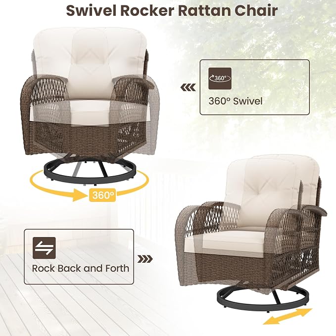 HAPPYGRILL 3 Pieces Patio Furniture Set Outdoor Rattan Swivel Rocker Chairs with Side Table, Outside Sectional Conversation Set with Swivel Rocking Chairs for Deck Porch Garden (White)