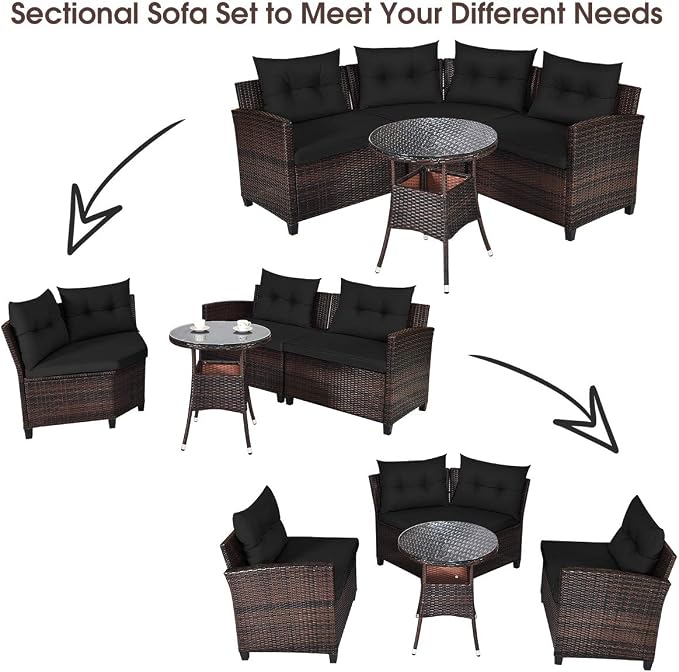 HAPPYGRILL 4 Pieces Rattan Patio Conversation Set, Outdoor Wicker Furniture Set with Cushioned Sofas and Coffee Table, L-Shape Sectional Curved Sofa Set for Garden Poolside Balcony