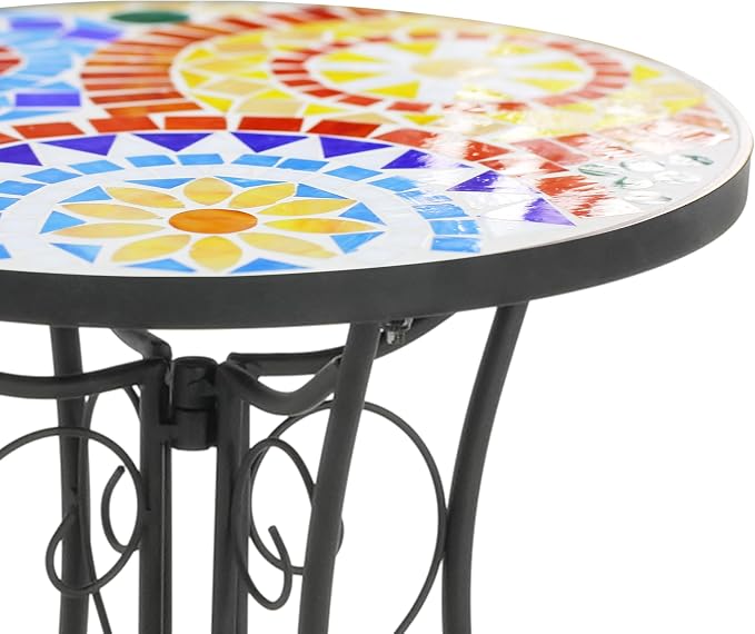 Christopher Knight Home Glady Outdoor Round Side Table, Patio End Table with Ceramic Top and Metal Frame, Small Decorative Accent Table for Patio Garden Porch Balcony, Colorful Gears