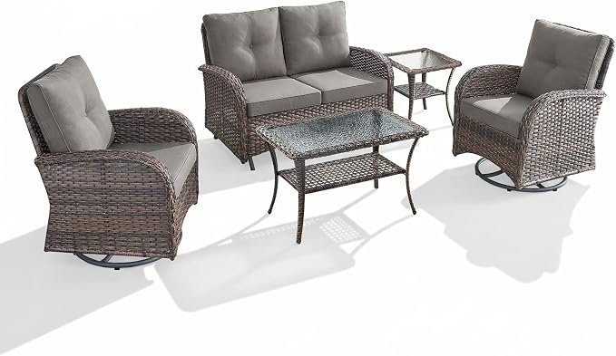 5 Piece Patio Furniture Set - Wicker Patio Conversation Set with Swivel Glider, Loveseat Bench, Tempered Glass Side Table and Coffee Table for Deck Backyard - Brown Wicker Grey Cushion