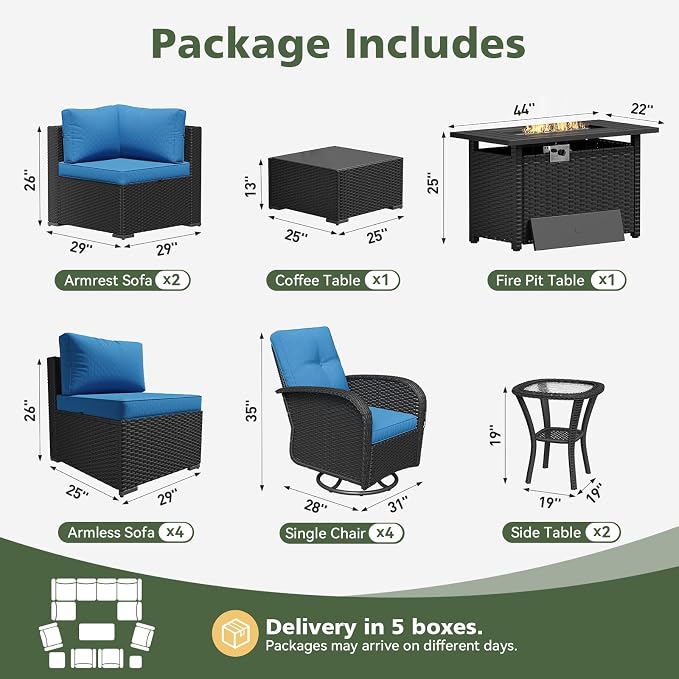Aoxun 14 Piece Outdoor Patio Furniture Set with 44'' Fire Pit Table, Wicker Rattan Outdoor Furniture with High Back Swivel Rocker Chairs, Outdoor Sofa Set with Thick Cushion & Side Table, Peacock Blue