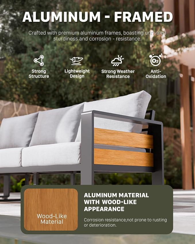 ZANDOR Aluminum Outdoor Patio Furniture Set with Coffee Table, 7 Seats Patio Conversation Sets with Washable Thick Cushions, Outdoor Sectional for Porch, Backyard, Deck, Garden & Poolside, Grey