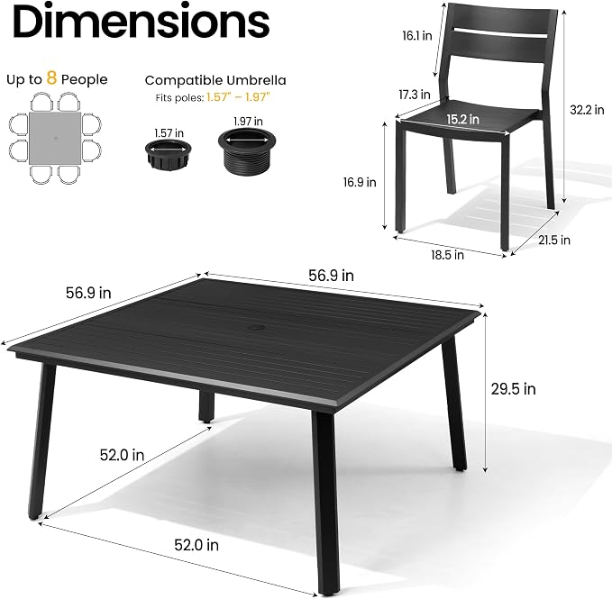 9-Piece Square Outdoor Aluminum Dining Set with Armless Stackable Chairs | 57" Large Square Table with Umbrella Hole Rust Proof Patio Furniture for Backyard Lawn Garden, Black