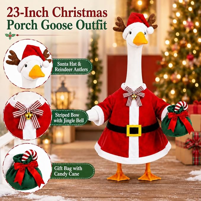STONESTAR Christmas Porch Goose Outfits for 23" Goose Statue, Red Santa Coat with Antler Hat Jingle Bell Bow Tie Candy Cane Gift Bag Goose Costume for Patio Yard Xmas Santa Holiday Decor