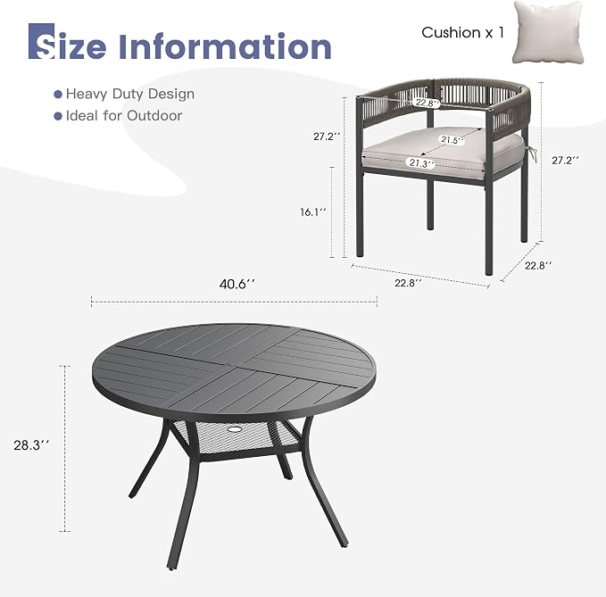 VICLLAX Patio Dining Set, 40.7" Black Table & 4 Chairs with Wheat Cushion | Outdoor Table and Chairs Set of Round Metal Patio Table, Outdoor Dining Chairs with Metal Frame, Garden Deck Porch