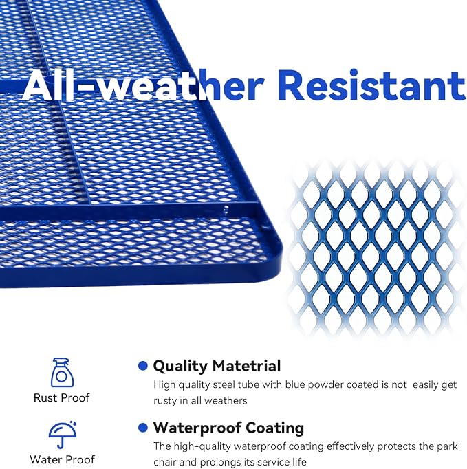 Heavy Duty Picnic Table for Outdoor 1400 lbs Load All Metal Camping Table with Umbrella Hole up to 1.5", Rectangle Dining Table for Commercial Picnic Table with Benches, Blue