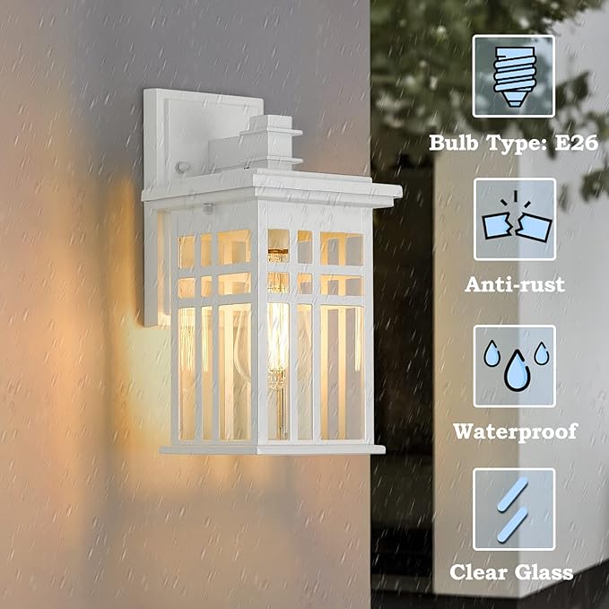 zeyu 2 Pack Outdoor Porch Lights Wall Mount - Modern Outside Lights for House Die-Cast Aluminum with Clear Glass Shade, White Finish, 20068B1-2PK WH