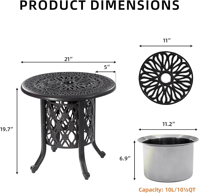 21" Side Table with Removable Ice Bucket- Rustproof Cast Aluminum Frame, Hand-Brushed Finish, Food-Grade 304 Stainless Steel Bucket - Perfect for Indoor & Outdoor, Patio, Balcony, and Poolside
