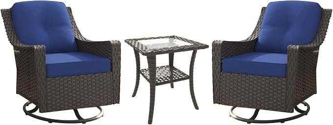 3 Pieces Patio Swivel Chairs & Side Table, PE Rattan Patio Chairs with Water-Resistant Cushion for Porch Outdoor Wicker Furniture Set (Blue, 3 PCS - Swivel Chair & Table)