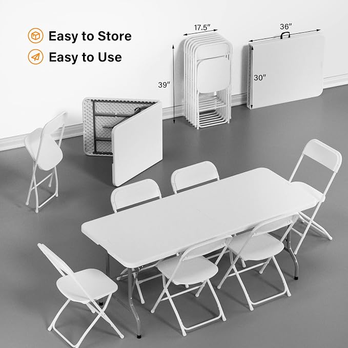 VINGLI 6 FT Plastic Folding Table Set with 6 White Folding Chairs for Picnic, Event, Training, Outdoor Activities, at Home and Commercial Use