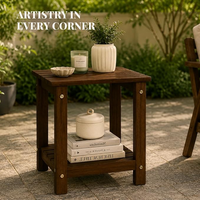 Premium 2-Tier Eucalyptus Wood Side Table with Slatted Storage Shelf, 13" x 16" x 17.5", Wooden Accent Table for Living Room, Entryway or Bedside (Brown)