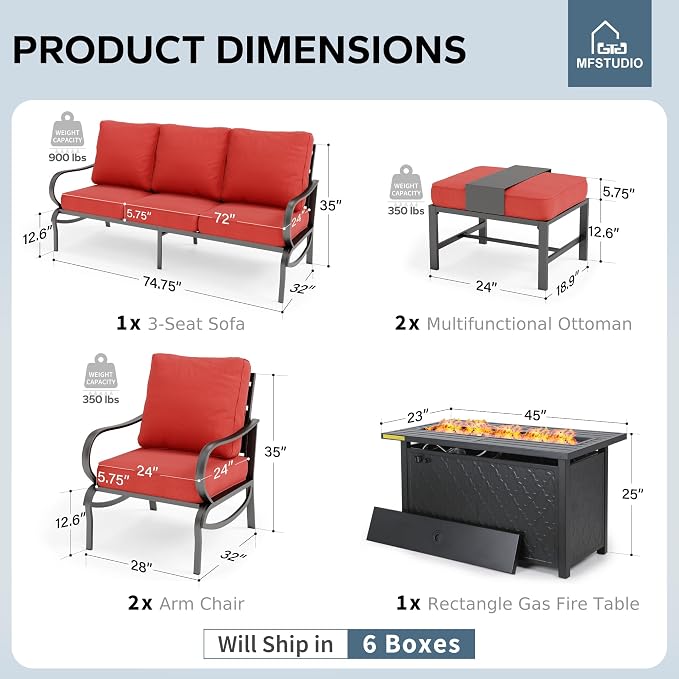 MFSTUDIO 6 Pieces Patio Furniture Sets with 45" Gas Fire Pit Table(Up to 7 Seat), Outdoor Metal Frame Patio Conversation Sofas with 1 x 3-Seat Sofa, 2 Sofa Chairs and 2 Ottoman, Burgundy Cushion