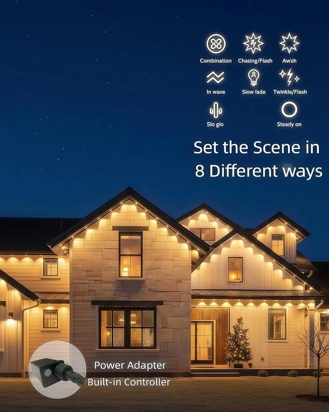 Permanent Warm White Outdoor Lights - 54FT 36 LED Christmas String Lights for Eaves & In-Ground, 8 Modes via Built-in Button, IP67 Waterproof, Yard, Patio Lights