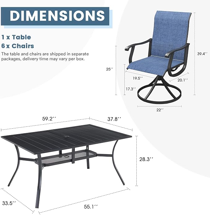 DIFY Outdoor Dining Set for 6, 7 Piece Patio Table and Chairs Set, Swivel Patio Chairs with Blue Textilene & 59.2" Black Rectangle Metal Dining Table with Umbrella Hole, for Garden Backyard Deck