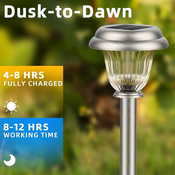DERAYSION Solar Lights Outdoor Pathway, 6 Pack Stainless Steel Glass Solar Garden Lights, Auto On/Off Long-Lasting Waterproof Outdoor Solar Lights for Yard, Landscape, Path, Driveway, Walkway Décor | IP65 Waterproof Garden Lights Glass Stainless Steel ...