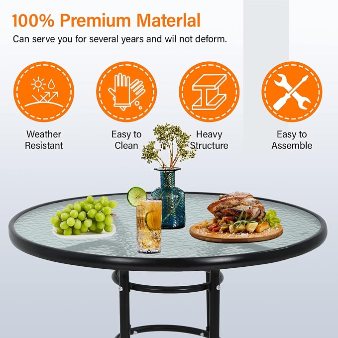 Outdoor Table Patio Table Dining Table with Tempered Glass Umbrella Hole for Lawn Balcony, Yard (Round)