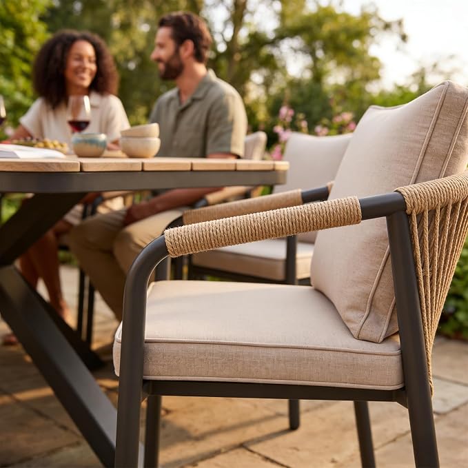SUNSITT 7 Piece Outdoor Patio Dining Set, Patio Dining Furniture Set with 87” Aluminum Dining Table w/X Base Legs and 6 Woven Wicker Patio Chairs w/Curved Backrest for Garden, Dark Grey