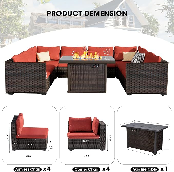 9 Piece Patio Furniture Set with Fire Pit Table, Outdoor Sectional Sofa PE Rattan, Patio Conversation Sets with Cushions for Garden Lawn Balcony Porch Deck Red