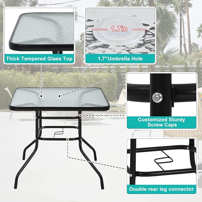 32" Square Outdoor Dining Table - Tempered Glass Top with Umbrella Hole,Weather-Resistant Metal Patio Table for Backyard,Poolside, Balcony, Garden - Black