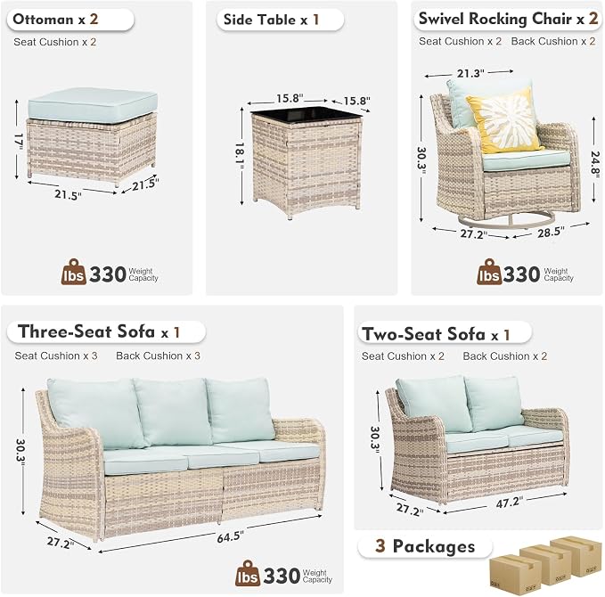 MEISSALIVVE 7 Pieces Patio Furniture Set with Swivel Chair, Wicker Patio Sofa, Rattan Conversation Set with Three-seat Sofa, 2 Ottomans and Loveseat for Lawn Backyard (Blue)