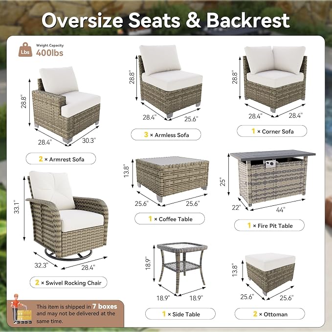 LazySunsets Luxury Patio Furniture Set with Fire Pit Table, All-Weather Patio Sectional Sofas with Thickened Cushions, 13 Piece Outdoor Furniture Set with Swivel Rocker Chairs & Ottomans, Beige