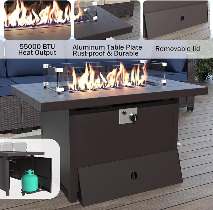ALAULM 8 Pieces Patio Furniture Set with Aluminum Fire Pit Table Outdoor Furniture Sets 55000BTU Gas Fire Pit Brown PE Rattan Wicker Patio Conversation Sets w/6 Cushions-DarkBlue