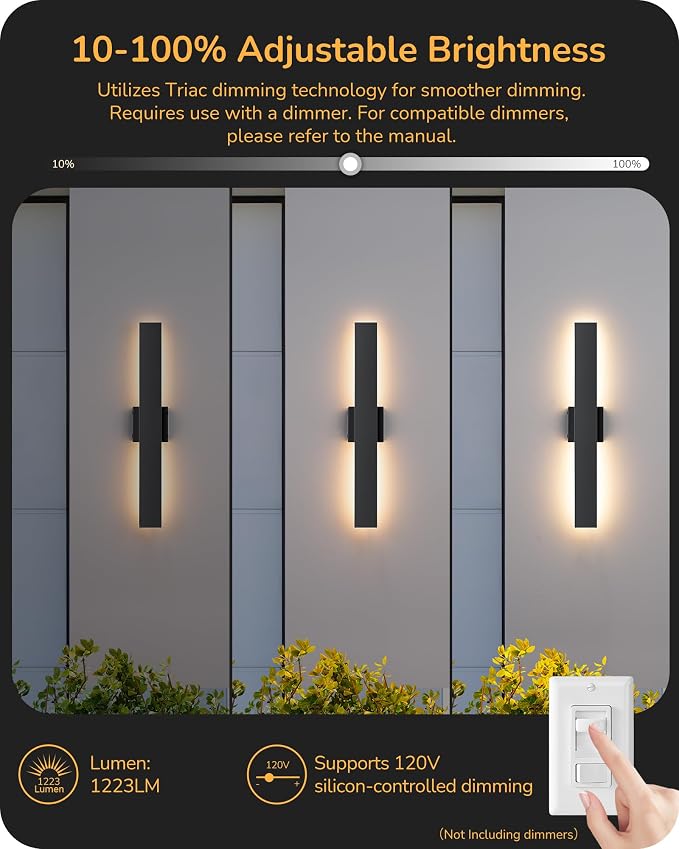 EDISHINE 23.6" Modern Outdoor Wall Lights, 3CCT & 10%-100% Dimmable, IP65 Waterproof, LED Exterior Lighting Fixtures, Linear Outdoor Wall Sconce for Porch, Patio, 2 Pack, Black