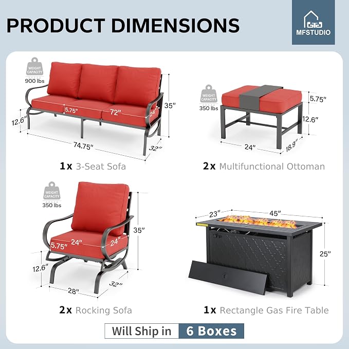 MFSTUDIO 6 Pieces Patio Furniture Sets with 45" Gas Fire Pit Table(Up to 7 Seat), Outdoor Metal Frame Patio Conversation Sofas with 1 x 3-Seat Sofa, 2 Rocking Chairs and 2 Ottoman, Burgundy Cushion