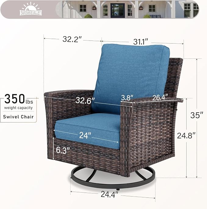 SUNSHINE VALLEY Patio Wicker Swivel Chairs Set of 2, Outdoor High Back Chairs with 5.5" Waterproof Cushions, Outdoor Furniture Set for Deck Porch and Yard, Blue