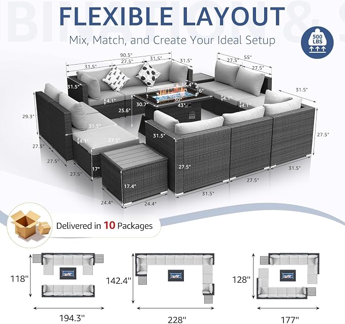 NICESOUL 15 Piece Outdoor Furniture with Fire Pit, Gray Wicker Patio Sectional with Fire Pit Table, Modular 29.3" Highback Large Size Sectional Sofa for Outside Pool Backyard, Light Gray