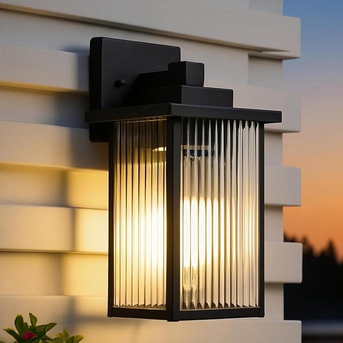 13-Inch Matte Black Outdoor Wall Light, All-Metal Frame Porch Light | Textured Glass Softens Glare, Stays Bright. Waterproof Rust-Resistant Metal. Pre-Assembled DIY Install on Porch, Garage
