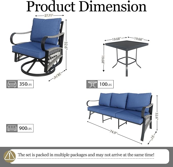 4 Pieces Outdoor Furniture Set, Patio Conversation Set with Swivel Rocking Chairs Sets and 3-Seater Couch Sofa for Deck, Porch, Garden, Backyard, Poolside (Blue Cushions)